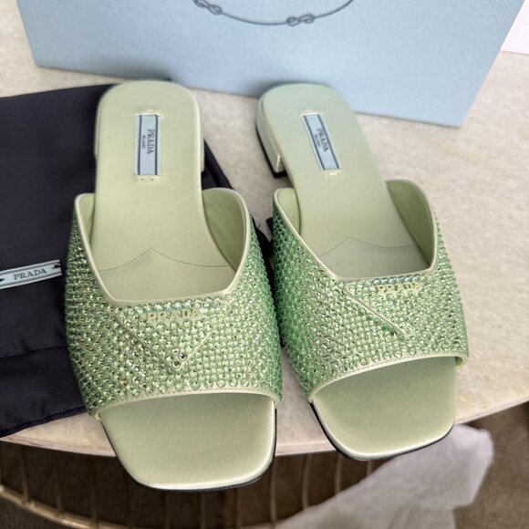 Prada Satin Crystal Embellished Acqua Slide Mules Sandals 37.5, 1XX642 NEW - Picture 15 of 16